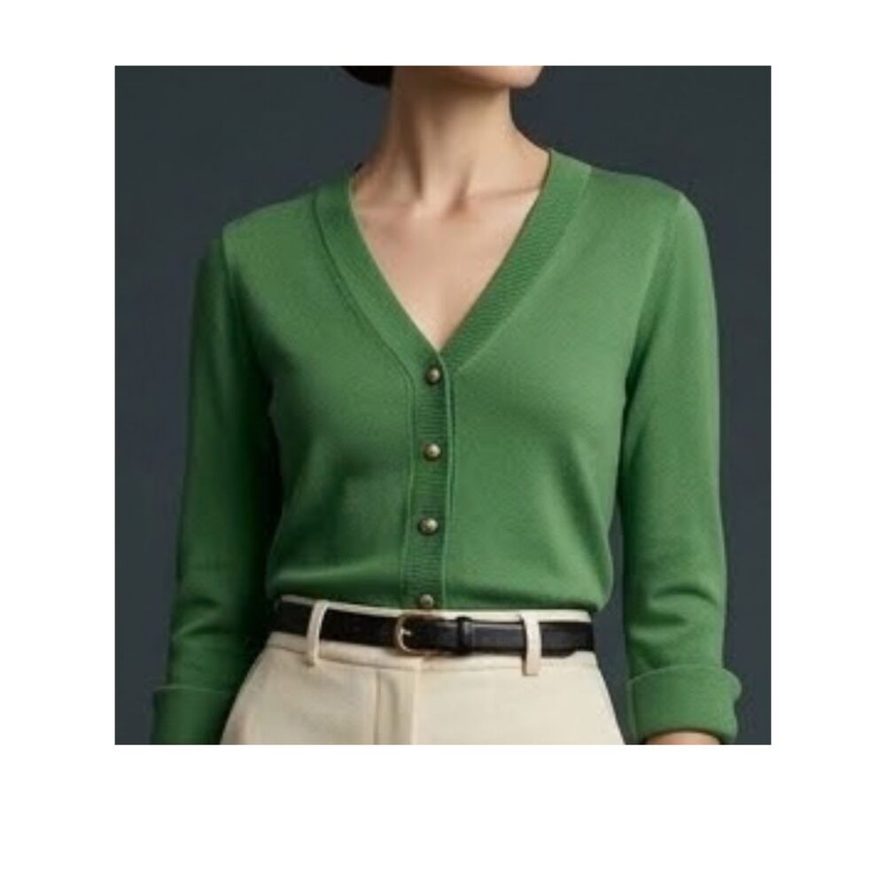 Kate Spade Silk Cotton V Neck Button Front Cardigan Green L